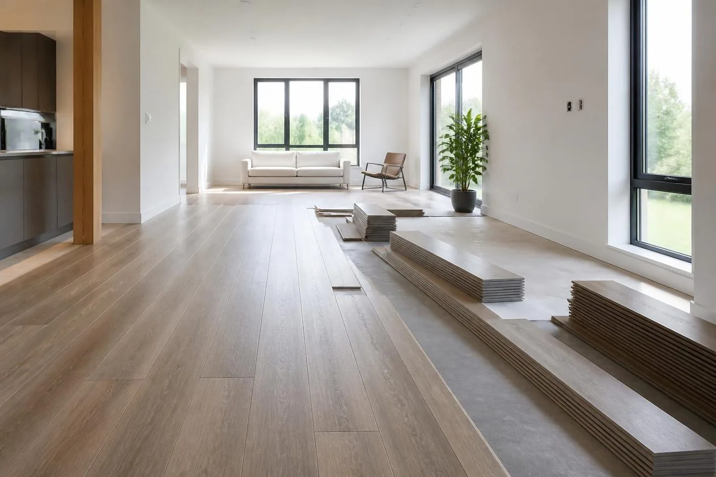 Bright modern open-concept living room mid-renovation with wide-plank luxury vinyl flooring partially installed and stacks of planks ready to lay